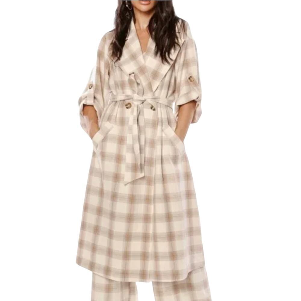 Cara Santana SHE LOVES‎ THE ATTENTION Plaid Trench Coat Dress Size L Tan Cream